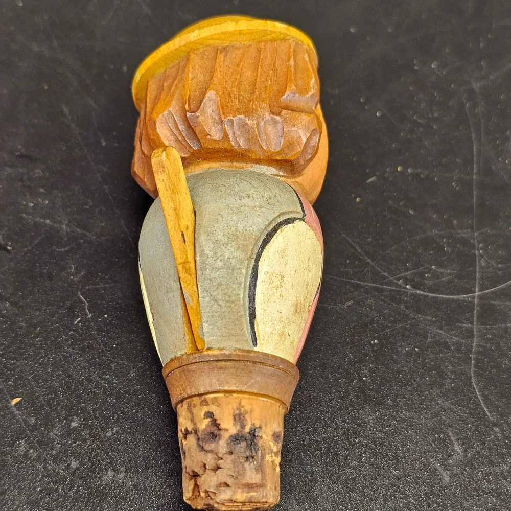 Bottle Stopper 4.25in Vintage Folk Art Carved Jolly Man Lifting Hat black forest